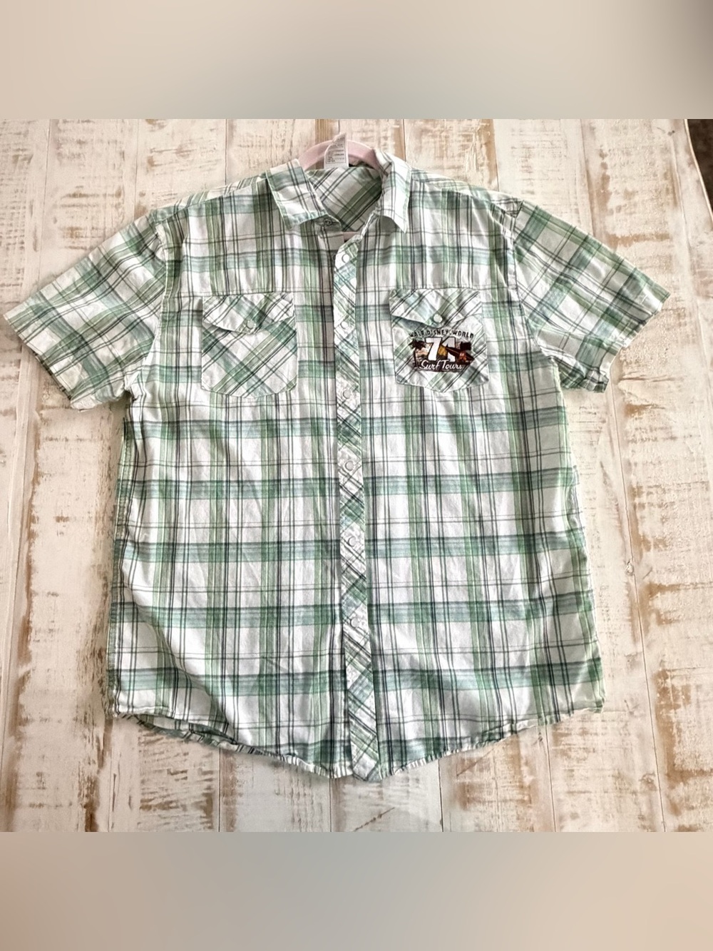 Disney Parks Shirt Mens Large Green Plaid Mickey Mouse Surf Tours Pearl Snap